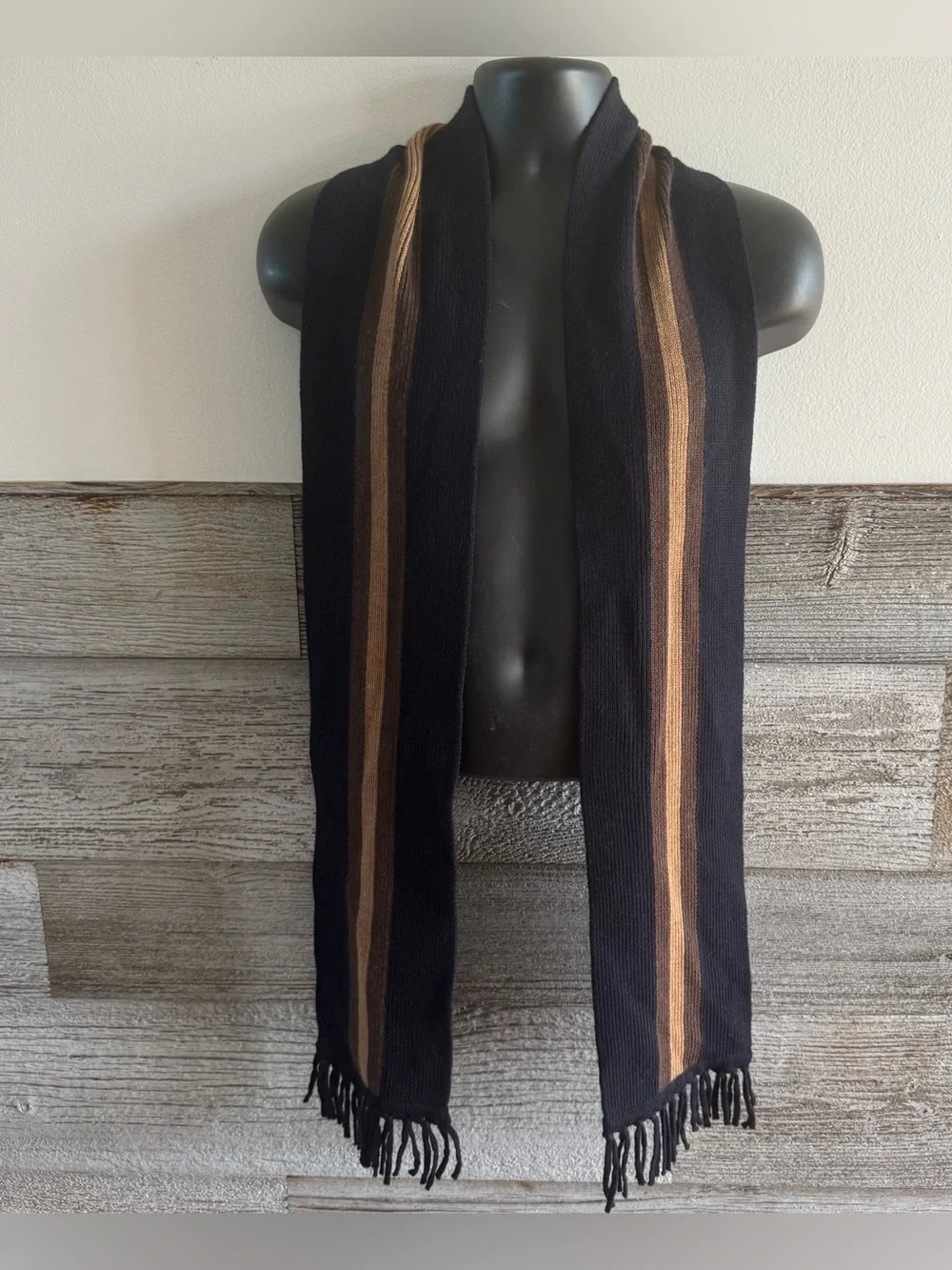 Title  Banana Republic 100% Fine Merino Wool Striped Scarf Black Brown Camel Fri